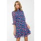 Blue Flower Print Flutter Sleeve Dress