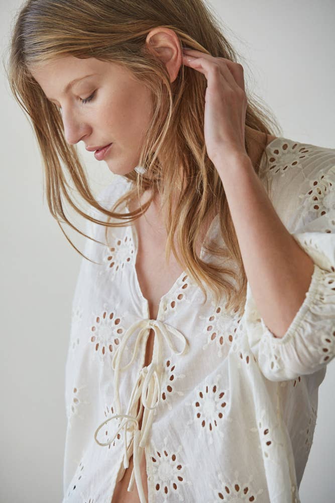 Eyelet V-Neck Tie Front Top