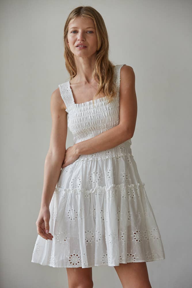 Eyelet Smocked Sleeveless Mini Dress