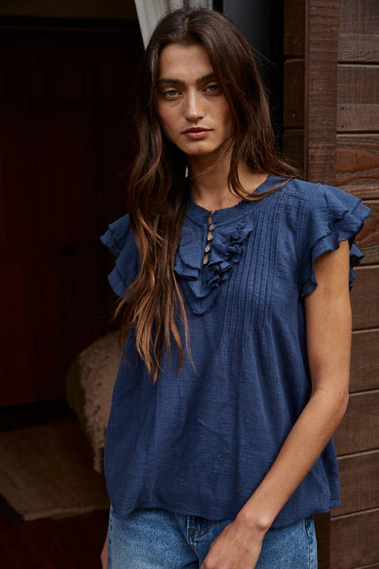 Button V-Neck Short Sleeve Top