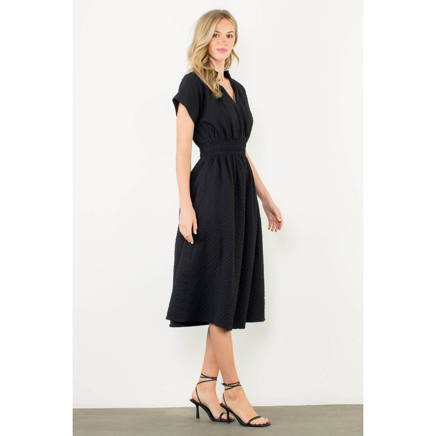 Textured Split Neck Smocked Waist Dress