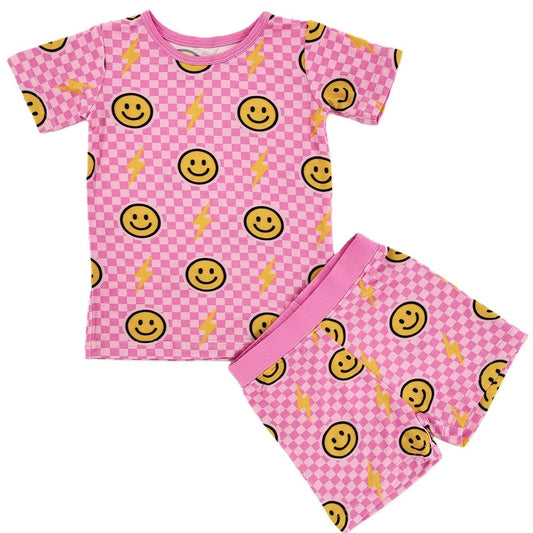 Pink Bolt Check Bamboo Shorts Set