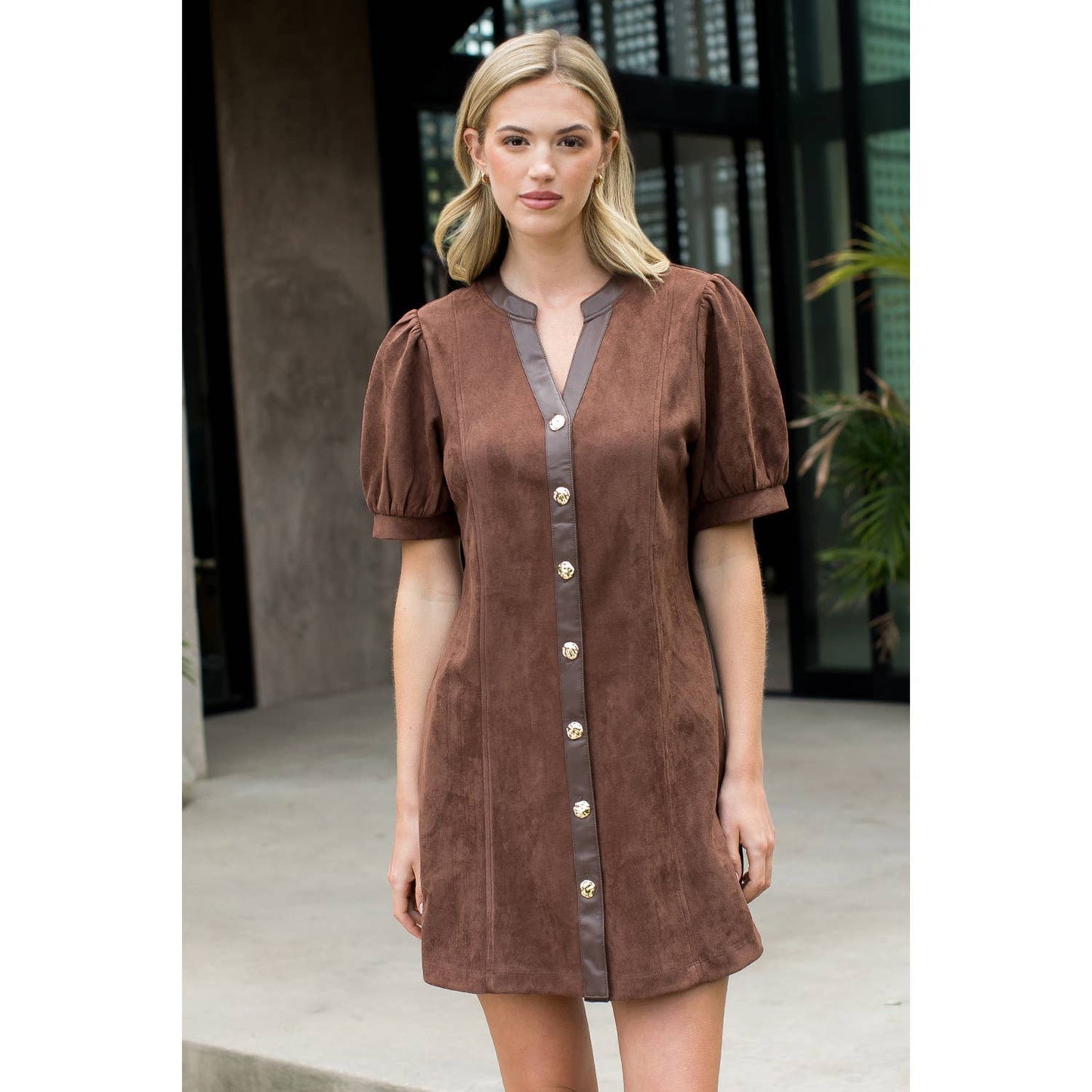 Puff Sleeve V-Neck Button Up Suede Dress