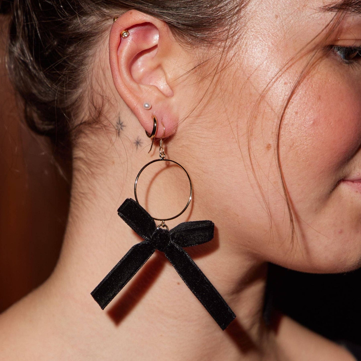 Black Clara Velvet Bow Hoop Earrings