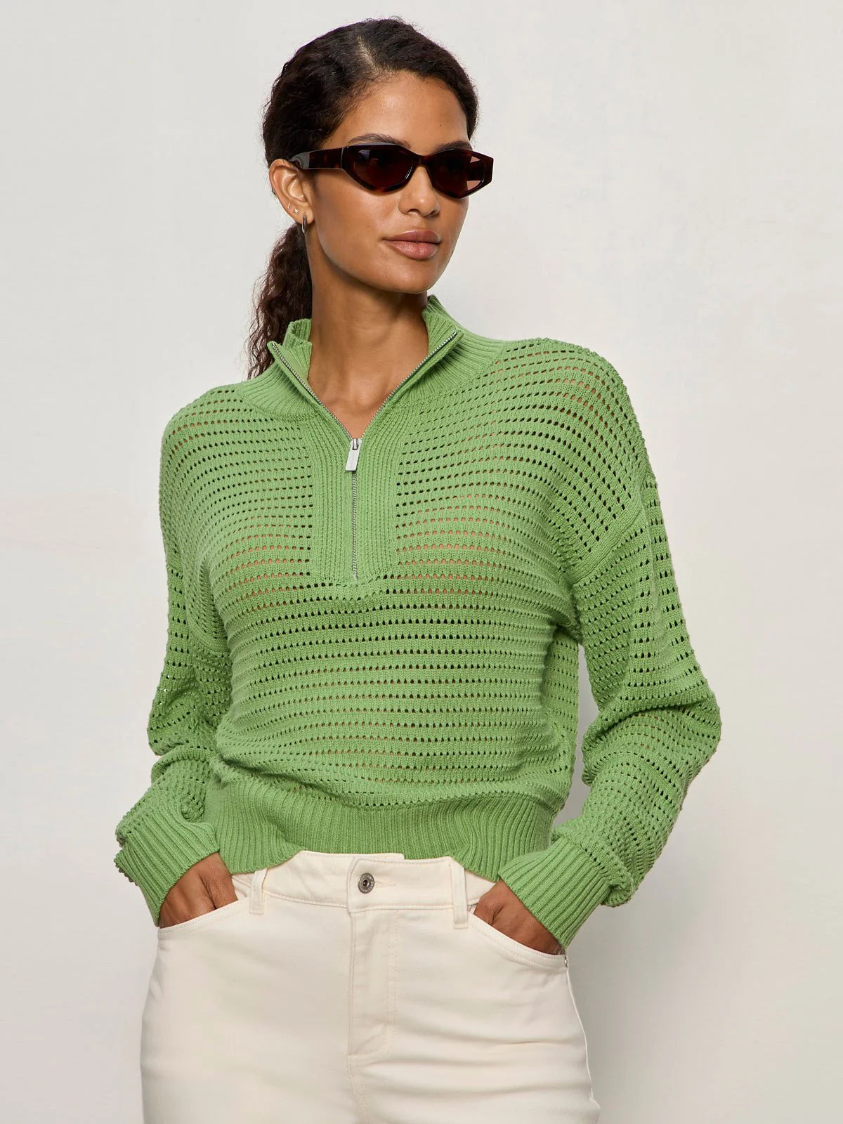 Open Knit 1/2 Zip Sweater Detox Green