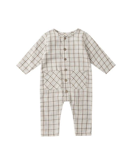 Pocketed Woven Jumpsuit- Blue Plaid