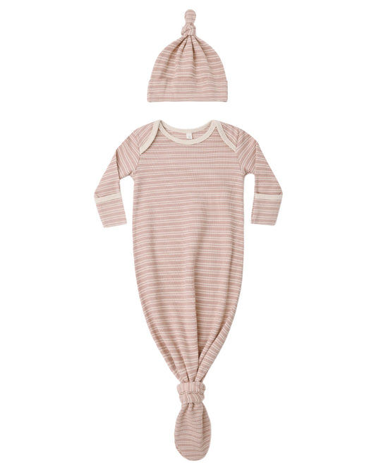 Knotted Baby Gown and Hat Set- Dusty Rose Microstripe- OS