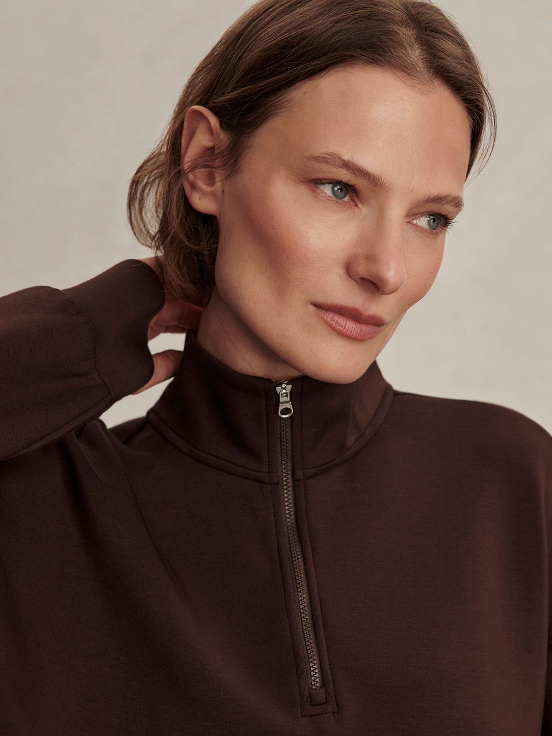 Sian Cropped Half Zip Sweat- Coffee Bean
