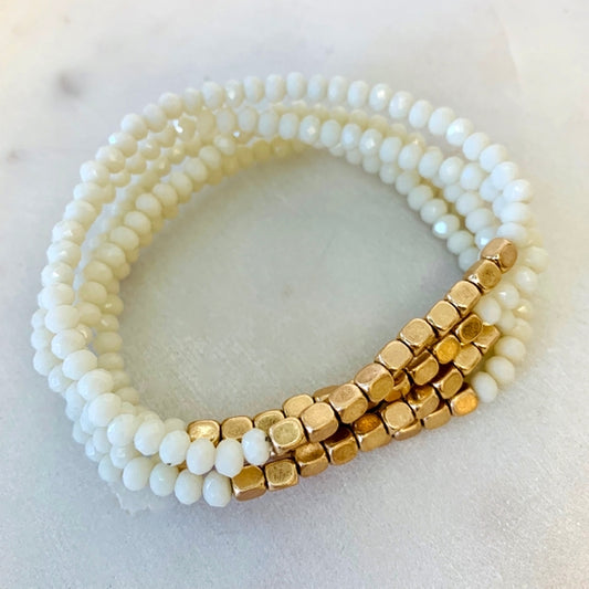 Five Strand Stone and Gold Bracelet Stack- White