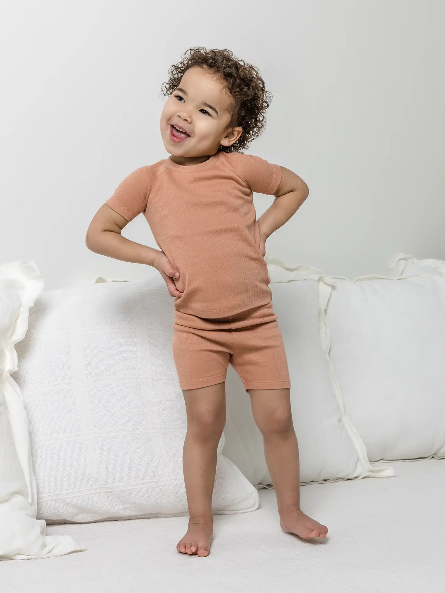 Ribbed Short Sleeve Pajamas- Salmon - Lulie