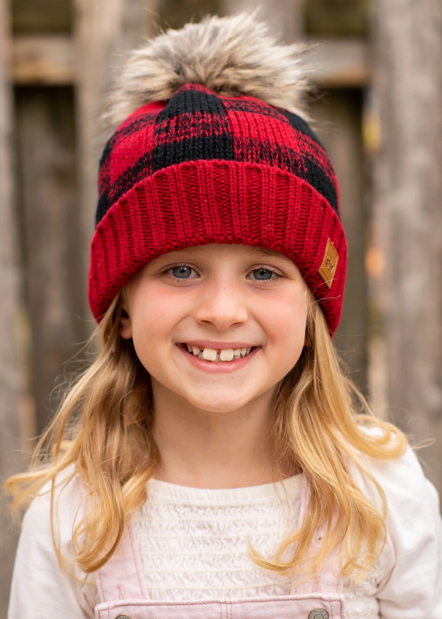 red buffalo plaid knit kids beanie