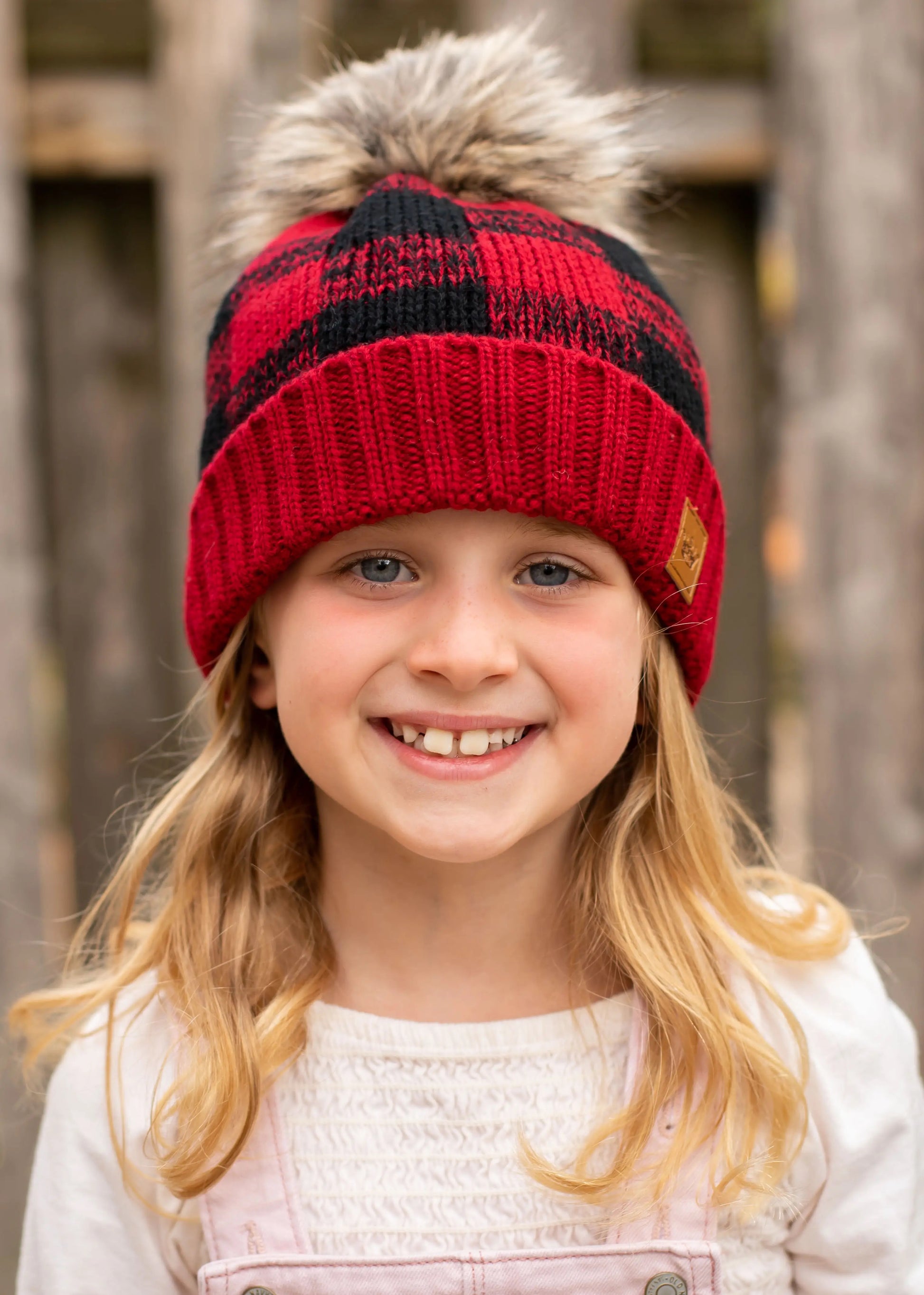 red buffalo plaid knit kids beanie